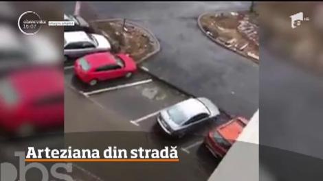 O fântână arteziană s-a format pe neaşteptate pe o stradă din Baia Mare