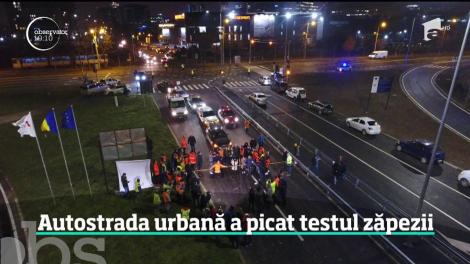 Autostradă urbană a picat testul zăpezii! Ninsoarea viscolită a acoperit şoseaua de mare viteză