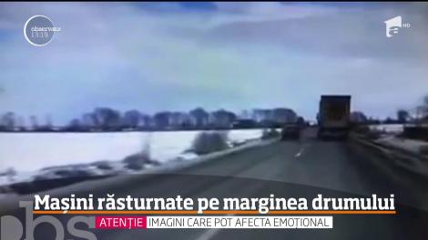 Accident cumplit surprins de camerele video. O mașină se izbește frontal de un autocamion!