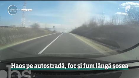 Un incendiu de vegetaţie a provocat haos pe autostrada Bucureşti-Piteşti