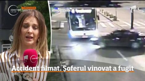Accident filmat în Timişoara.  Un autobuz a fost lovit de o maşină care a trecut pe culoarea roşie a semaforului
