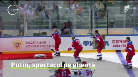 Vladimir Putin a făcut spectacol pe gheaţă într-un meci de hochei alături de oficiali de rang înalt şi celebrităţi din Rusia