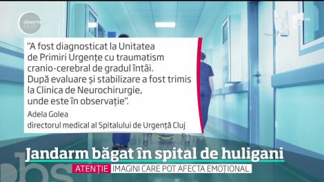 Un jandarm a ajuns la spital după ce a fost lovit în cap cu un scaun de metal aruncat de un huligan