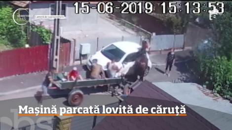 Misiune dificilă pentru poliţiştii buzoieni! Aceştia trebuie să găsească un bărbat care a lovit cu o căruţă o maşină parcată, după care a fugit