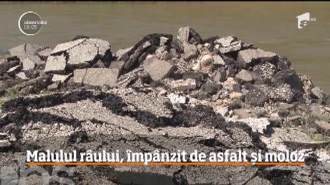 Zeci de tone de asfalt și moloz au fost depozitate pe malul unui râu din Hunedoara