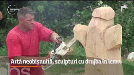 O lume fantastică sculptată în lemn a apărut într-o localitate din Vâlcea. Cu ajutorul drujbelor, mai mulţi artişti s-au întrecut să dea formă unor personaje imaginare