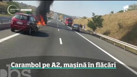 O maşină a luat foc pe Autostrada Soarelui, după un accident în lanţ produs pe sensul de mers spre Bucureşti