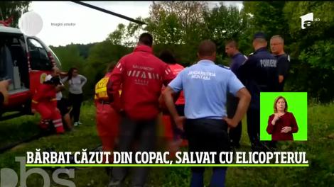 La un pas de tragedie! Este păţania un bărbat din Argeş care a căzut dintr-un copac şi a rămas imobilizat