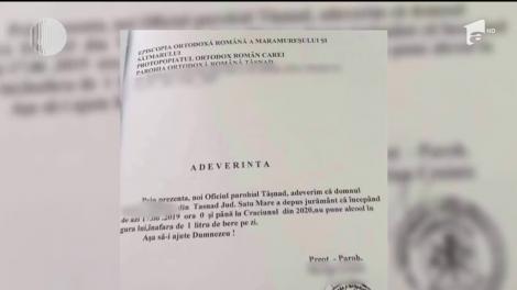 Un preot din Satu-Mare pare că a găsit soluţia salvatoare împotriva alcoolului. Un jurământ scris şi semnat chiar de el
