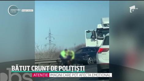 Scene de o violenţă extremă pe Autostrada Soarelui! O poliţistă a fost filmată în momentul în care îl loveşte cu piciorul în cap pe un şofer