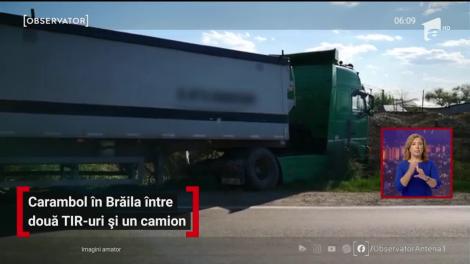Carambol în Brăila între două TIR-uri și un camion