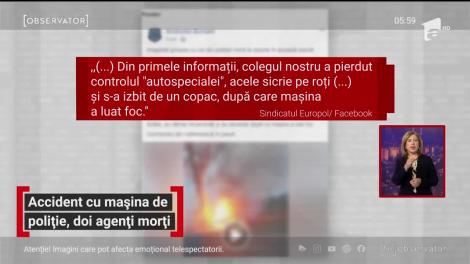Accident cumplit în Brăila. Doi polițiști au murit arși de vii după ce mașina în care se aflau s-a izbit de un copac