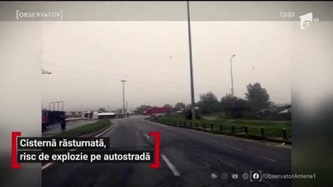 Cisternă răsturnată, risc de explozie pe autostrada București-Pitești