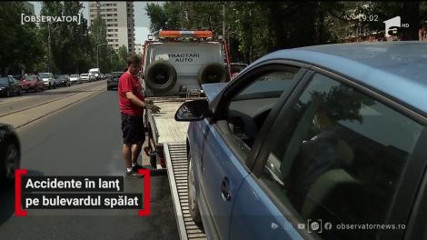 În toiul verii, o stradă din Bucureşti s-a transformat în patinoar. Au fost accidente în lanţ: carambol de maşini, biciclişti şi motociclişti răniţi