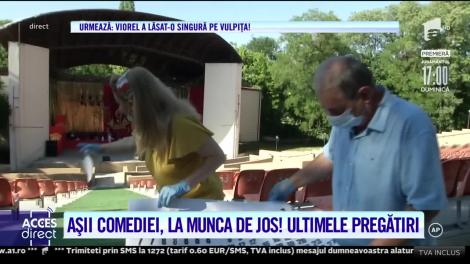 Așii comediei, la munca de jos! Vasile Muraru şi Valentina Fătu, repetiții la teatru, cu mătura și șpaclul în mână! | VIDEO