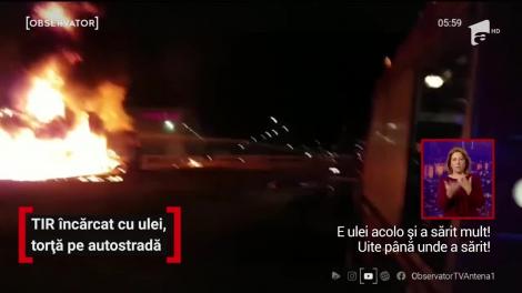 Un TIR încărcat cu ulei a luat foc şi a ars ore întregi ca o torţă, pe Autostrada Bucureşti-Piteşti