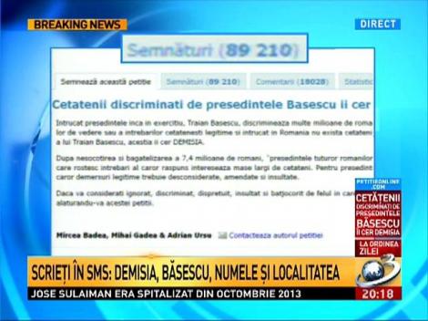 Petiţia Antenei 3, "Demisia, Băsescu!", se poate semna şi prin SMS