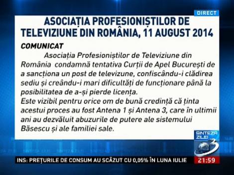 APTR condamnă tentativa Curţii de Apel Bucureşti de a sancţiona un post de televiziune