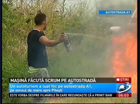 Maşina lui s-a transformat în torţă pe A1. Circulaţia a fost oprită din cauza fumului gros