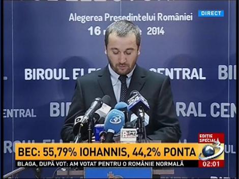 Rezultate parţiale BEC: Iohannis 55.79%, Ponta 44.2 %