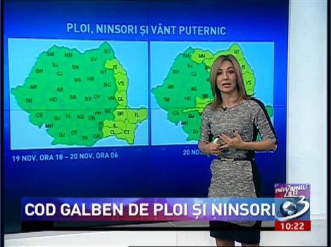 ANM a emis un COD GALBEN de ploi, ninsori şi vânt pentru mai multe judeţe din România