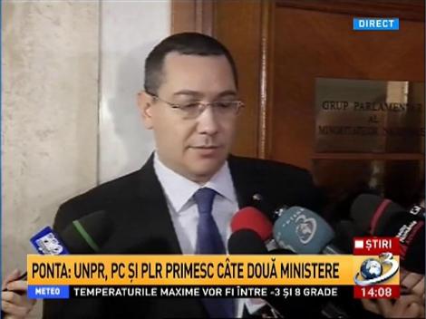 Victor Ponta: UNPR, PC şi PLR primesc c&acirc;te 2 ministere