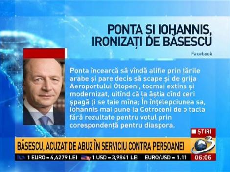 Ponta şi Iohannis, ironizaţi de Băsescu pe Facebook