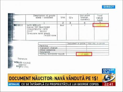 Sinteza zilei: Traian Băsescu a v&acirc;ndut o navă de mare tonaj pe UN DOLAR. Vezi factura doveditoare