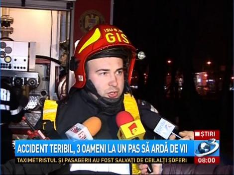 Accident teribil la ieșire din București. Trei oameni au fost la un pas să ardă de vii &icirc;ntr-un taxi