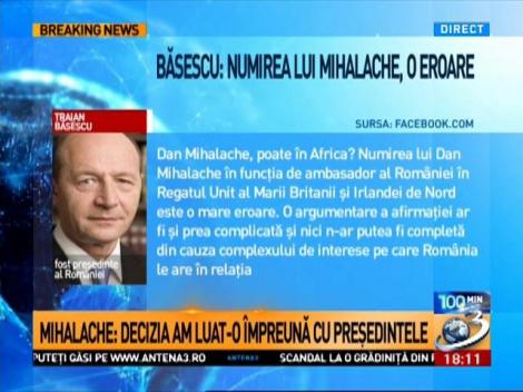 Băsescu: Numirea lui Mihalache, o eroare