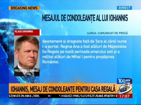 Mesajul de condoleanțe al președintelui Klaus Iohannis, după decesul Reginei Ana a Rom&acirc;niei