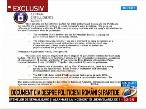 Sinteza zilei. Document CIA despre politicieni rom&acirc;ni și partide