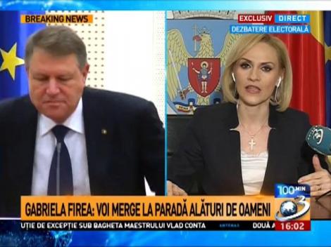Gabriela Firea, la 100 de minute: Nu mă plâng că nu am fost invitată oficial la parada de la Arcul de Triumf. Voi veni acolo ca orice bucureștean