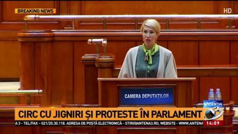 Circ cu jigniri şi proteste în Parlament