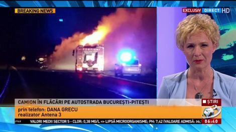Situație gravă. Camion &icirc;n flăcări pe autostrada București-Pitești
