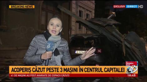 Acoperiș căzut peste mașini în centrul Capitalei. Avertisment de ultimă oră de la ANM