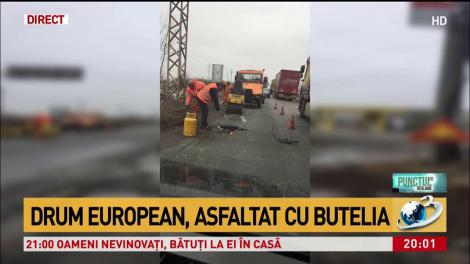 Imagini revoltătoare. Metodă rom&acirc;nească: Cum să asfaltezi un drum european cu o butelie!