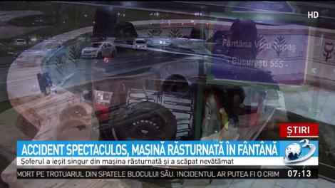 Accident spectaculos &icirc;n Capitală! O mașină s-a răsturnat &icirc;ntr-o f&acirc;nt&acirc;nă din Piața Constituției
