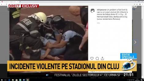 Incident grav pe Cluj Arena! ! Un jandarm, dus de urgență la spital, după ce a fost lovit &icirc;n cap cu un scaun
