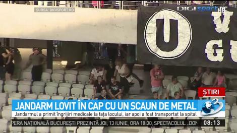 Scene violente pe stadion. Jandarm lovit în cap cu un scaun de metal