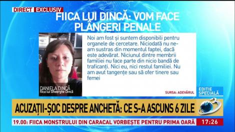 Fiica lui Dincă: Niciunul dintre membrii familiei nu face din nicio bandă de traficanţi
