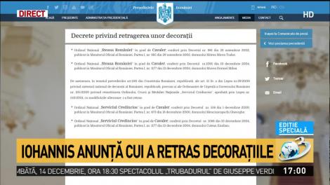 Iohannis anunță cui a retras decorațiile