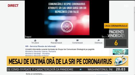 Pandemie de coronavirus. Mesaj de la SRI pentru rom&acirc;ni: &bdquo;Abordați o atitudine responsabilă și calmă&rdquo;