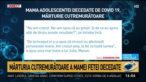 Julie, ucisă de o formă rară de coronavirus. Mama fetei, mărturisiri sfâșietoare: ”Ni s-a spus să nu ne facem griji, că nu afectează tinerii!”