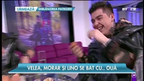 Bătaie cu ouă în platoul "Răi da' Buni"! Alex Velea, Lino şi Mihai Morar, plini ochi de gălbenuş