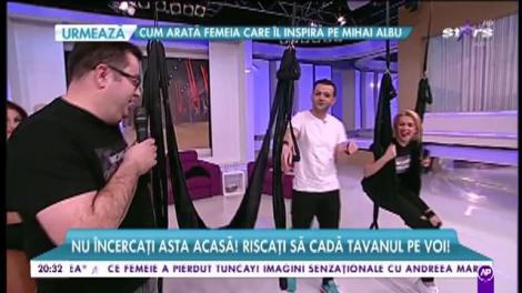 Aerial Yoga în platoul lui Mihai Morar! Diana Dumitrescu şi Elena Marin, show care l-a făcut pe Mihai Morar să privească lung: "Ai un spate foarte frumos"