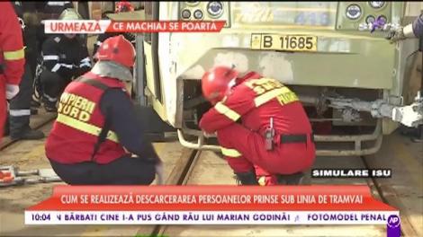 ISU, demonstrație, în direct. Cum se realizează descarcerarea persoanelor prinse sub tramvai
