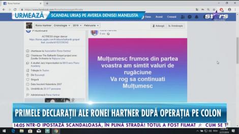 Primele declarații ale Ronei Hartner după operația pe colon: ”Mulțumesc frumos. Din partea voastră am simțit valuri de rugăciune”