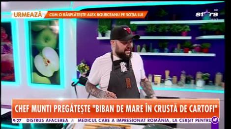 Reţeta lui Chef Munti - Star Matinal: Biban de mare în crustă de cartofi cu piure de țelină și ulei de busuioc