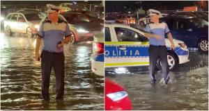”El este șeful polițiștilor rutieri din București”. Cu apa până la genunchi, în mijlocul intersecției, ajutându-i pe șoferii blocați în trafic după furtună